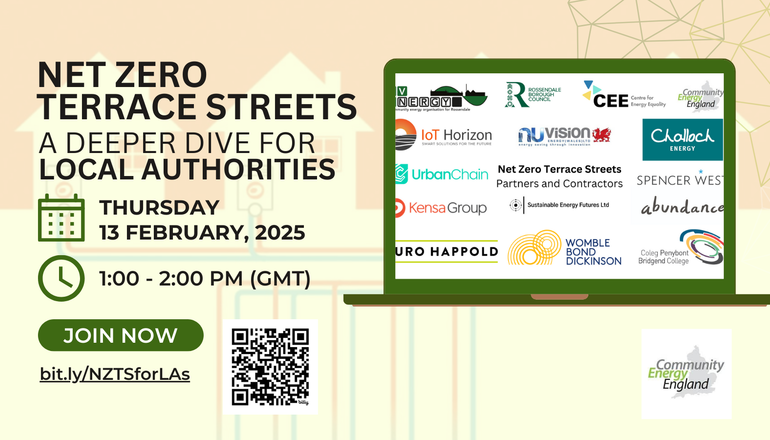 Promotional banner for the 'Net Zero Terrace Streets: A Deeper Dive for Local Authorities' webinar. The event is scheduled for Thursday, 13 February 2025, from 1:00 to 2:00 PM GMT. There is a green 'Join Now' button, a QR code, and a shortened link (bit.ly/NZTSforLAs) for registration. The banner includes logos of various partners and contractors on a laptop screen, including Rossendale Valley Energy, IoT Horizon, UrbanChain, Kensa Group, Buro Happold, Womble Bond Dickinson, Spencer West, Abundance, and Community Energy England, among others.