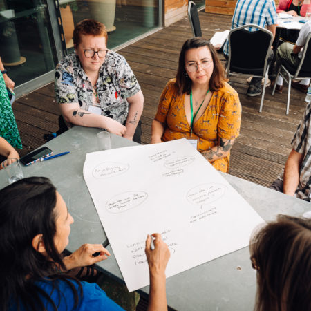a group of people sit at a table around a flip chart on which someone is writing notes