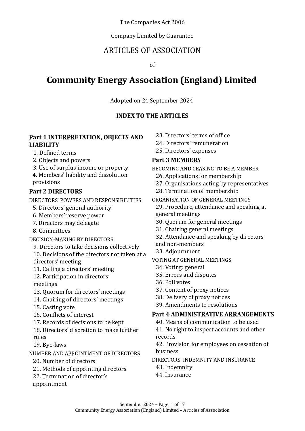 Articles of Association of Community Energy Association (England) Limited