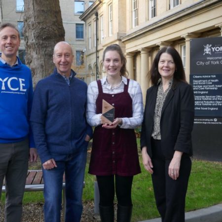 (L-R) YCE Director Richard Lane with Dr Steve Cinderby, of YorEnergy project partner the Stockholm Environment Institute, CoYC Decarbonisation Project Officer Issy Burkitt and Councillor Jenny Kent.