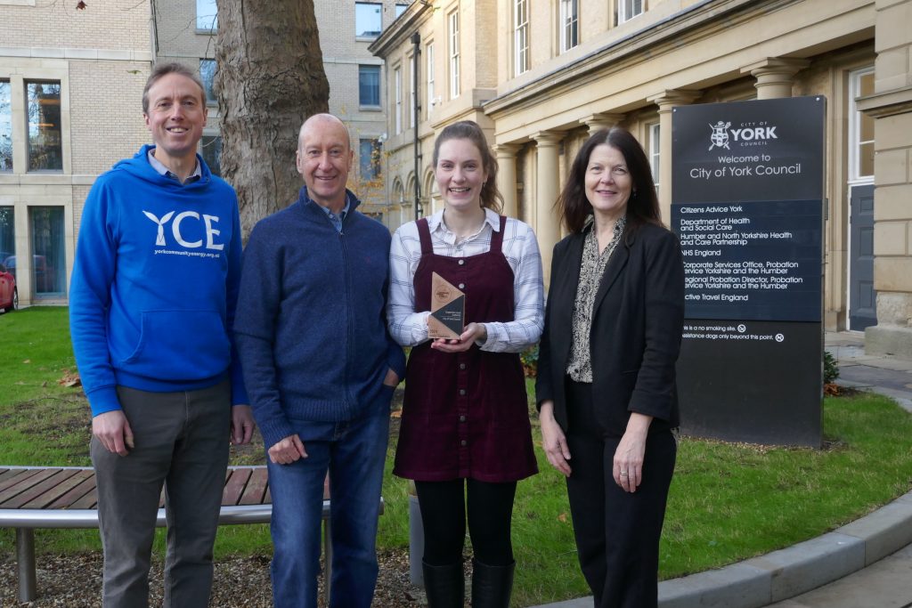 (L-R) YCE Director Richard Lane with Dr Steve Cinderby, of YorEnergy project partner the Stockholm Environment Institute, CoYC Decarbonisation Project Officer Issy Burkitt and Councillor Jenny Kent.