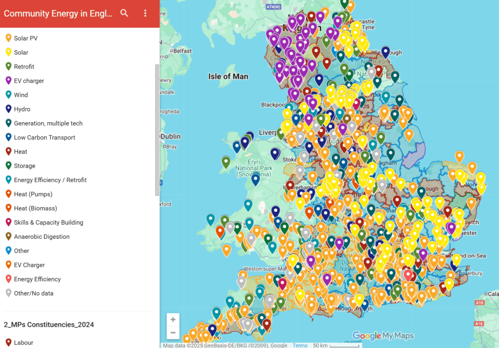 screen grab of a google map with many, multicoloured map pins representing different community energy projects around England