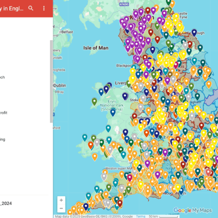screen grab of a google map with many, multicoloured map pins representing different community energy projects around England