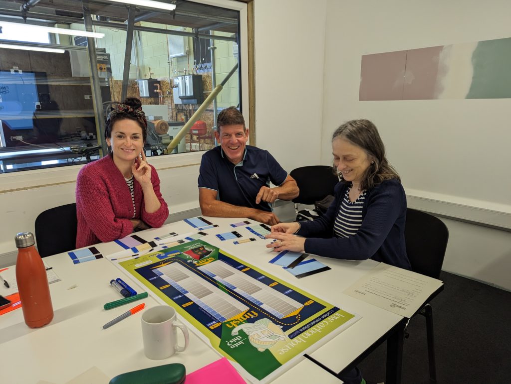 three people sit around a table with a chart and labels