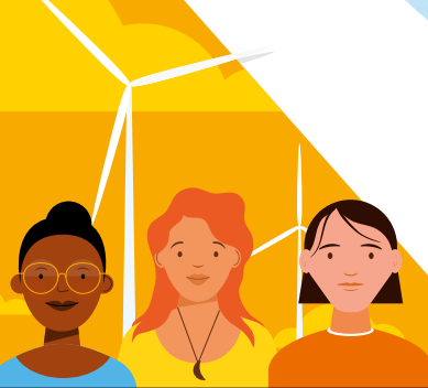 illustration of three people in front of two wind turbines