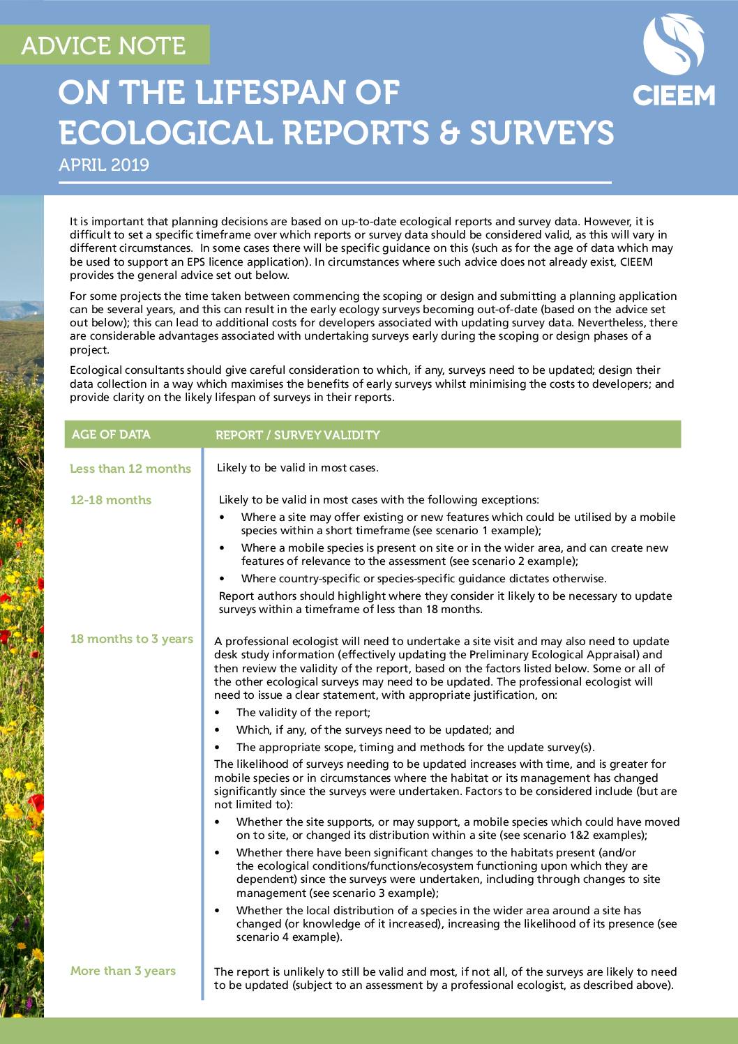 Advice Note on the Lifespan of Ecological Reports and Surveys (April 2019)