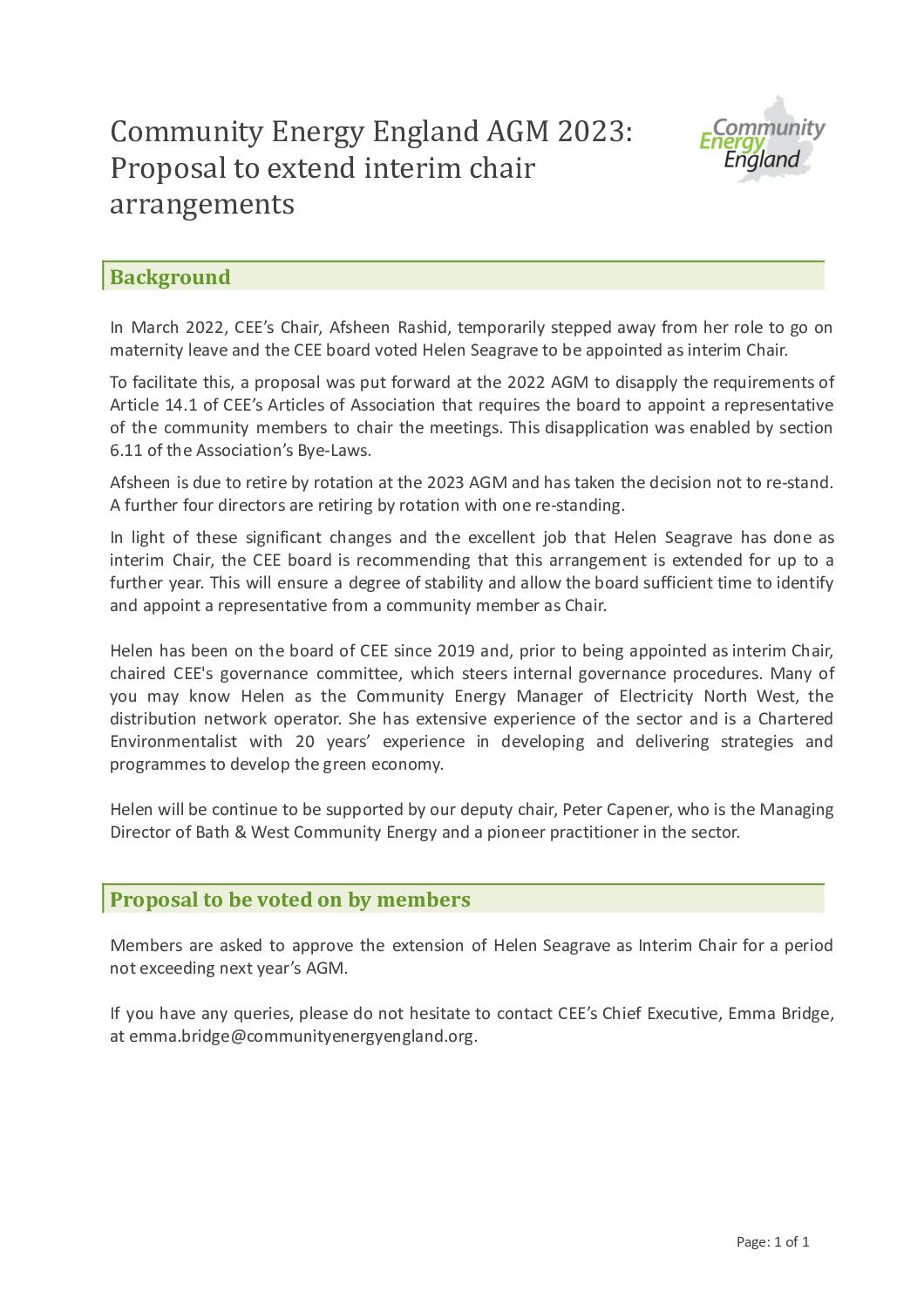 CEE AGM 2022 Proposal to extend interim chair arrangements