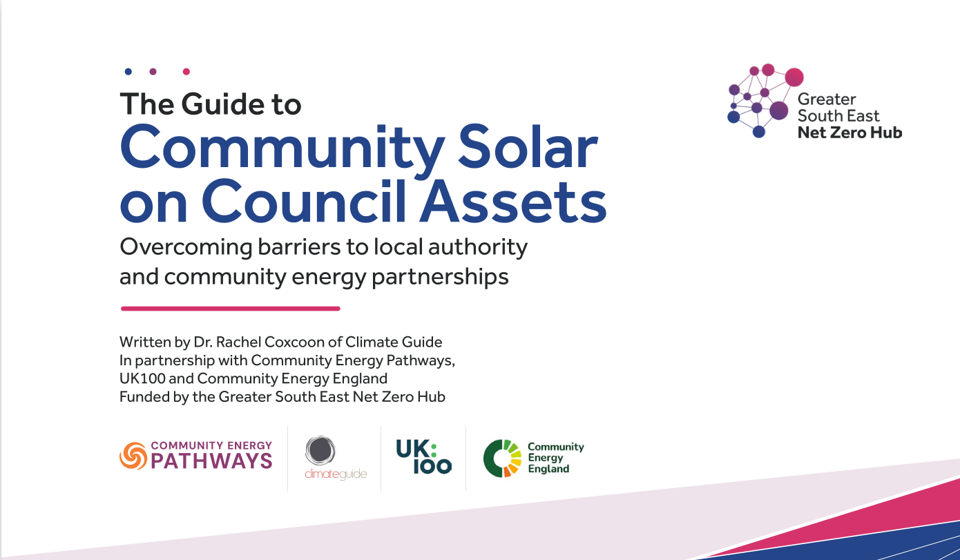 Report cover titled "The Guide to Community Solar on Council Assets: Overcoming barriers to local authority and community energy partnerships". Written by Dr. Rachel Coxcoon of Climate Guide, in partnership with Community Energy Pathways, UK100 and Community Energy England, and funded by the Greater South East Net Zero Hub. The cover shows the partner logos on a white background with pink and navy diagonal stripes in the bottom corner.